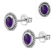 Medium Oval Amethyst Stone Stud Silver Earrings, e335